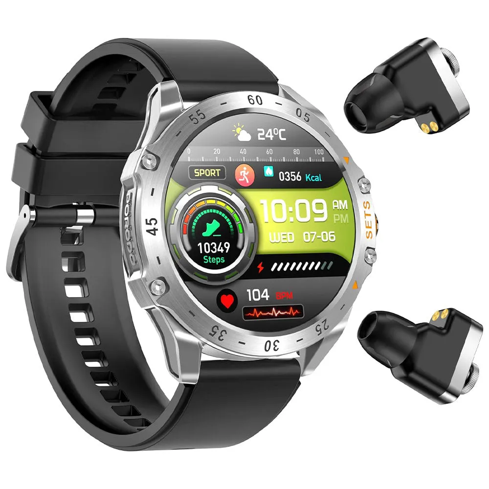 Porodo Hype PD-HYPE-SL Smart Watch With Buds Silver Case With Black Silicone Strap & Extra Brown Leather Strap