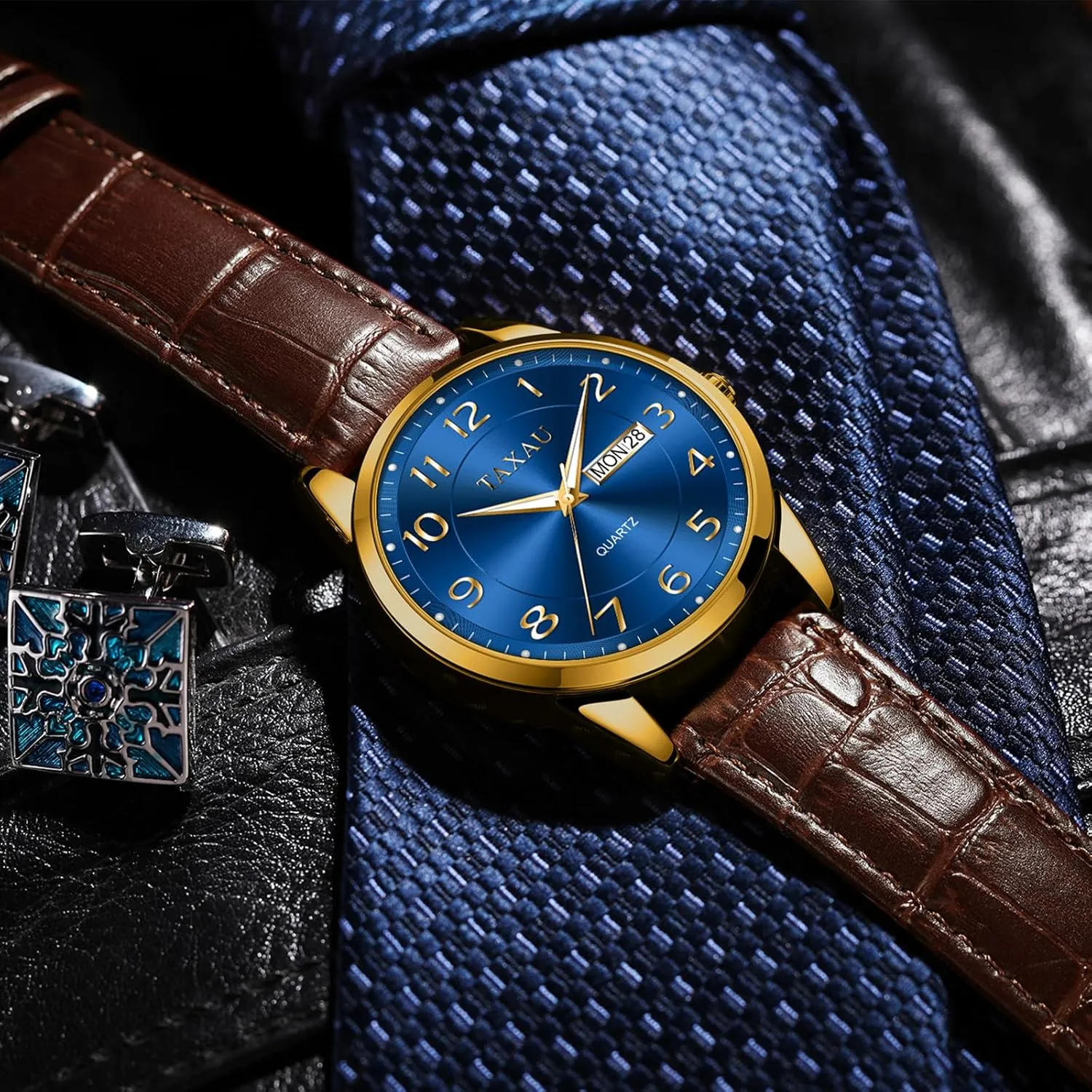 precise doorknob flag Date Number Dial Relojes para Hombre Mens Leather Watch Large Face Classic Quartz Mens Analog Watches Luxury Dress Watches for Men Waterproof Men's Wrist Watch with 