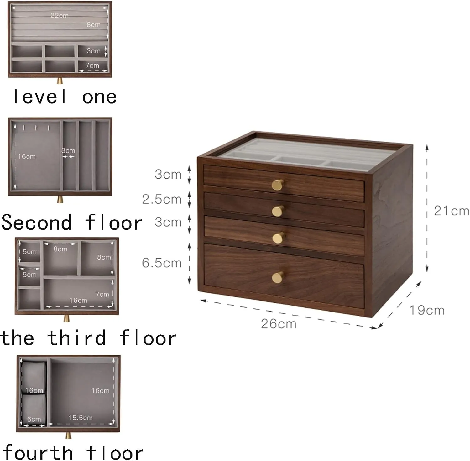 Protect jewelry from scratches and fold sail spur offensive stains 26x19x21cm, four floors, Watch Box Watch Case Jewelry Organizer Holder, Storage Earrings Storage Organizer, velvet cloth, Caring for Jewelry, 