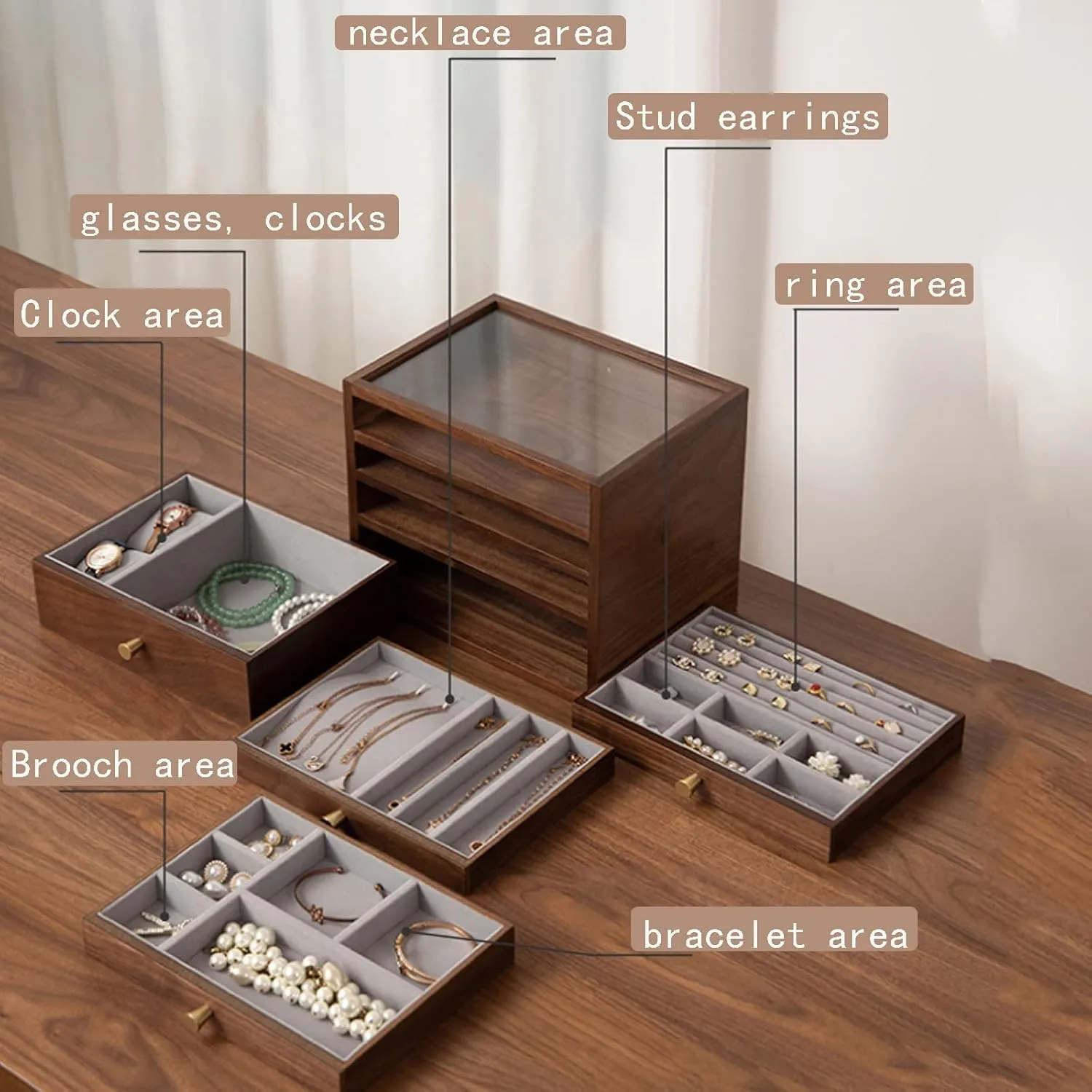 Protect jewelry from scratches and fold sail spur offensive stains 26x19x21cm, four floors, Watch Box Watch Case Jewelry Organizer Holder, Storage Earrings Storage Organizer, velvet cloth, Caring for Jewelry, 