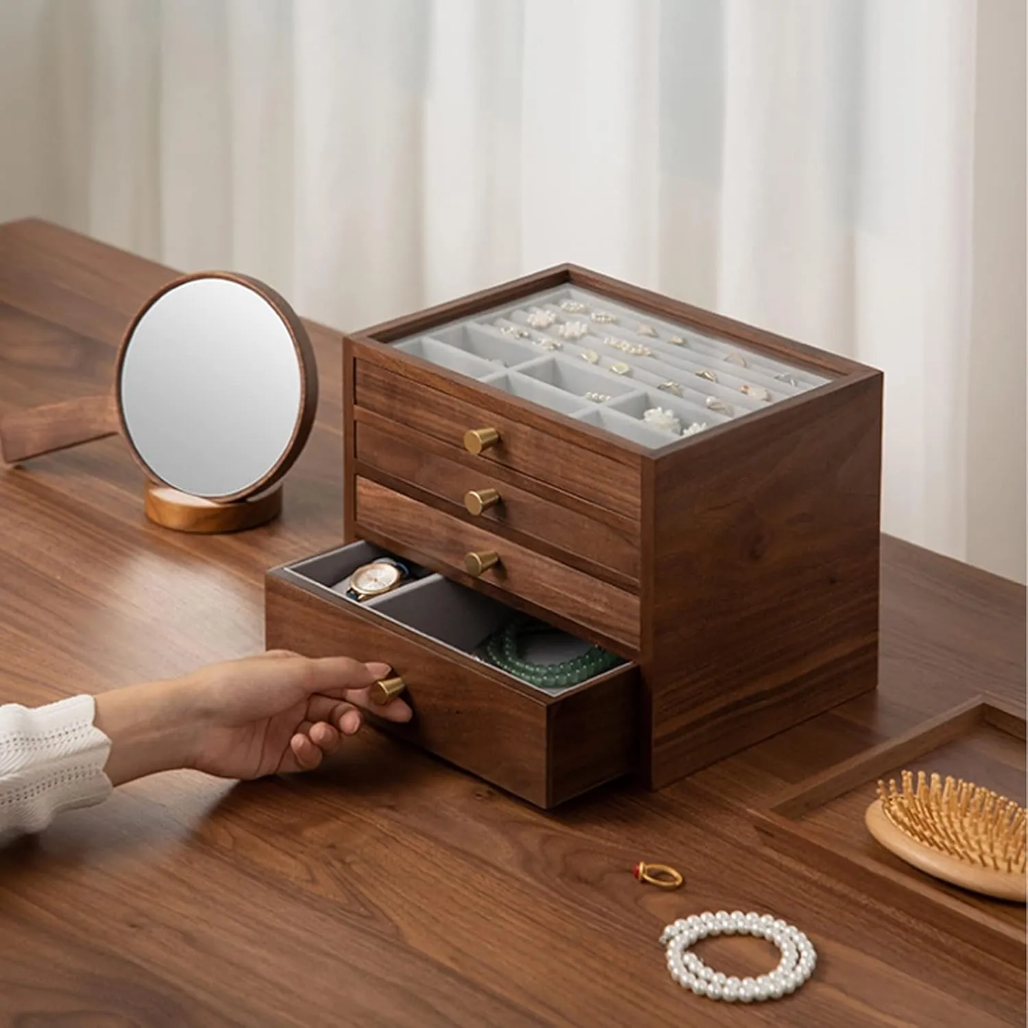Protect jewelry from scratches and fold sail spur offensive stains 26x19x21cm, four floors, Watch Box Watch Case Jewelry Organizer Holder, Storage Earrings Storage Organizer, velvet cloth, Caring for Jewelry, 