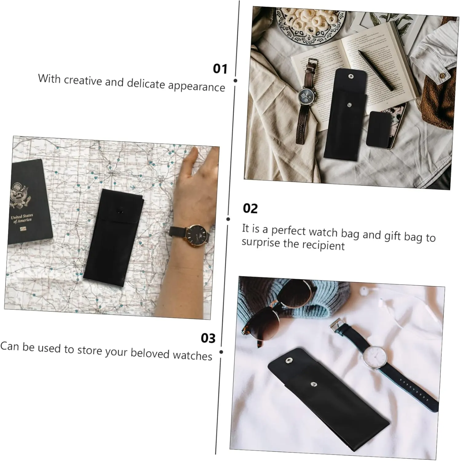 Pu Velvet roam Case 3 Pcs Travel Watch Pouch Compact Organizer Portable Watch Storage Bag 