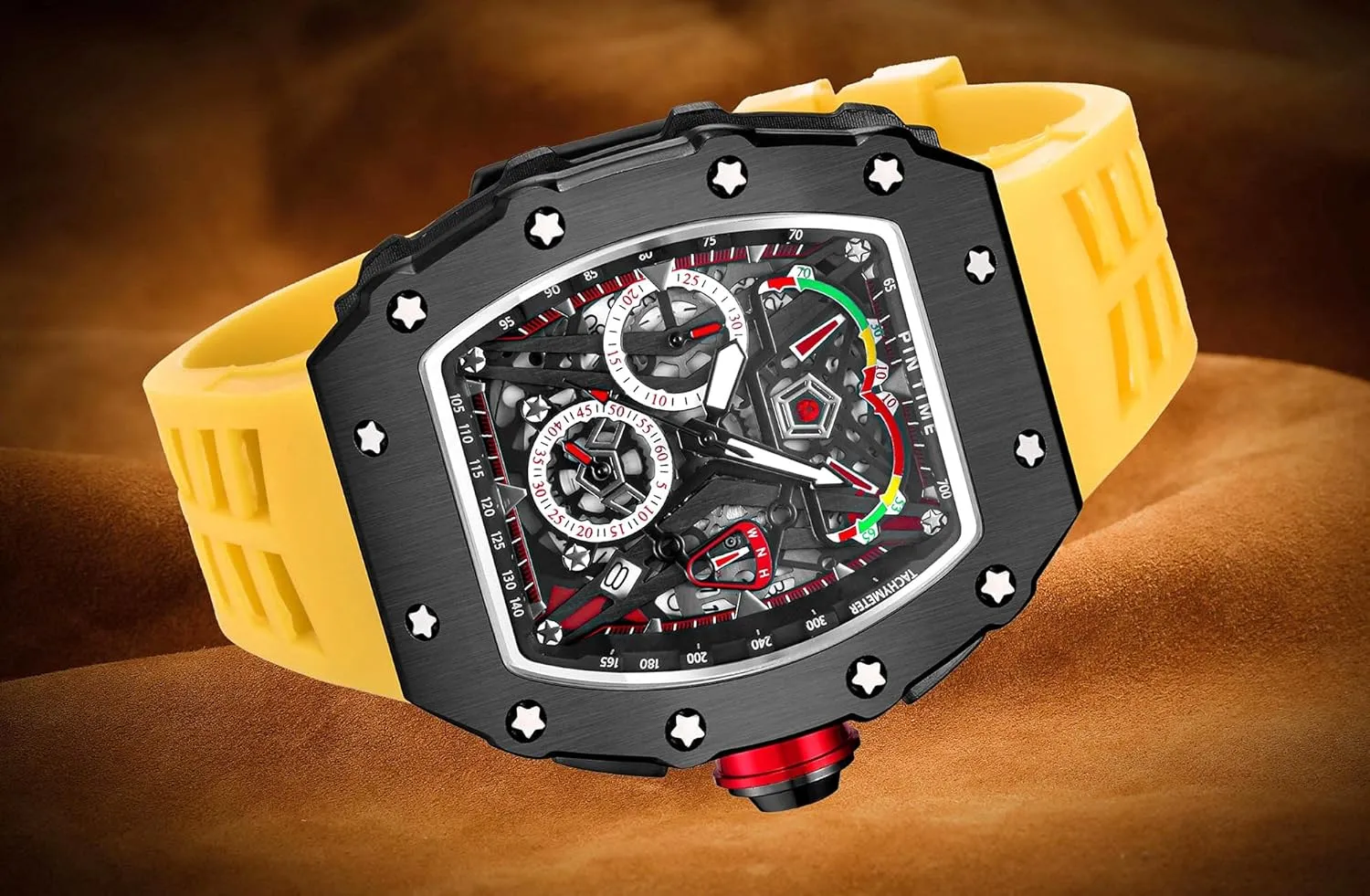 Quartz Business Men's Watches Silicon Strap Dress Watch mate script tenement wing scour (Black Case - Red Strap) Gosasa Unique Men Punk Wristwatch Hollow Big Dial Luminous Waterproof Sport Analog 