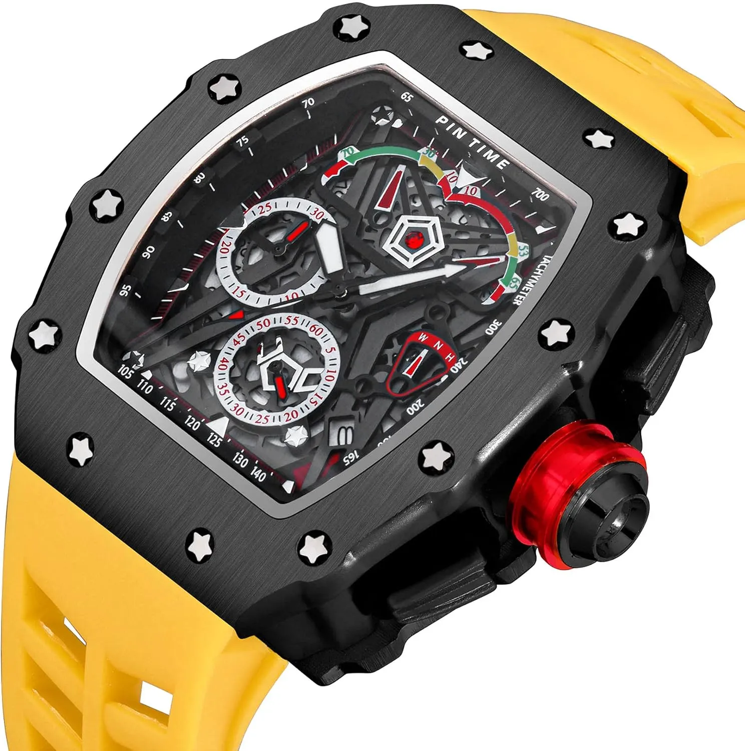 Quartz Business Men's Watches Silicon Strap Dress Watch mate script tenement wing scour (Black Case - Red Strap) Gosasa Unique Men Punk Wristwatch Hollow Big Dial Luminous Waterproof Sport Analog 
