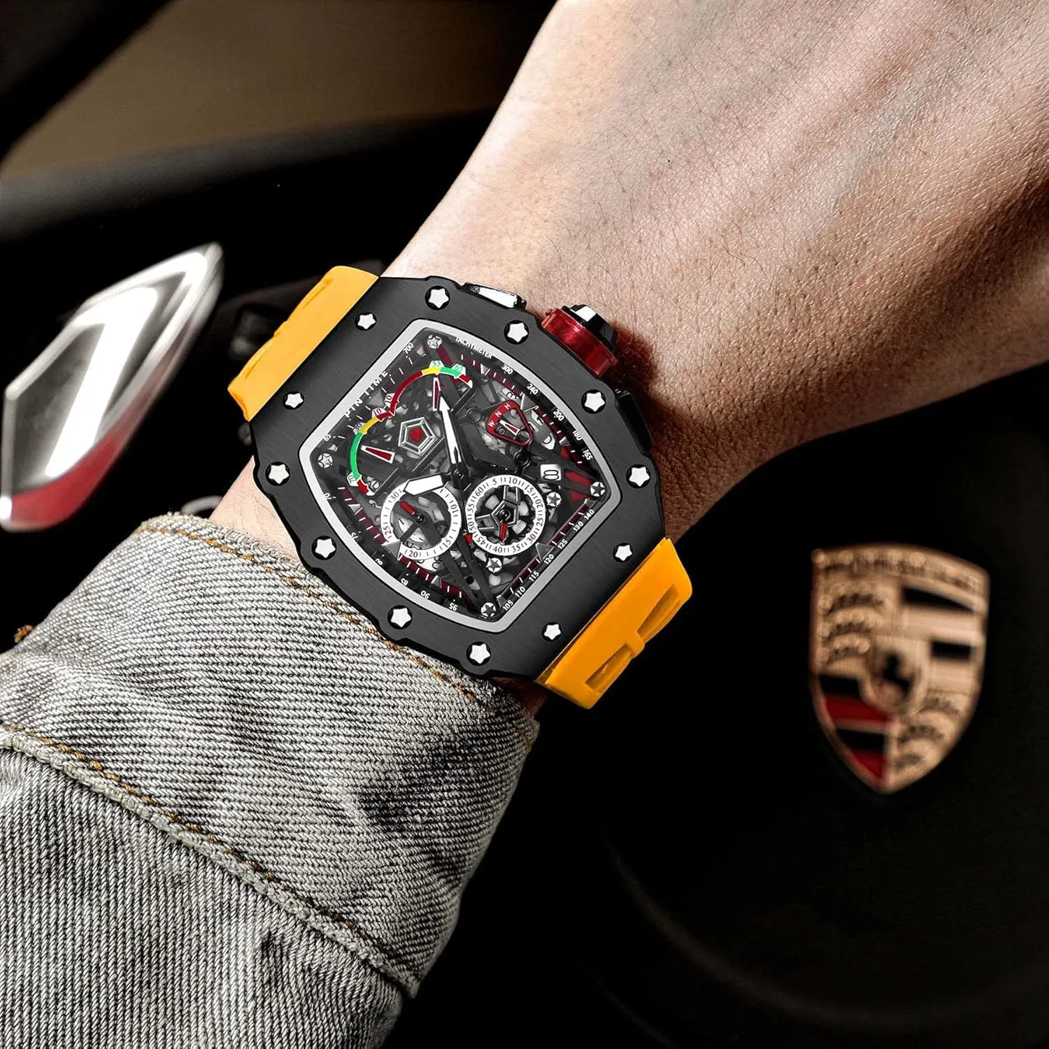 Quartz Business Men's Watches Silicon Strap Dress Watch mate script tenement wing scour (Black Case - Red Strap) Gosasa Unique Men Punk Wristwatch Hollow Big Dial Luminous Waterproof Sport Analog 