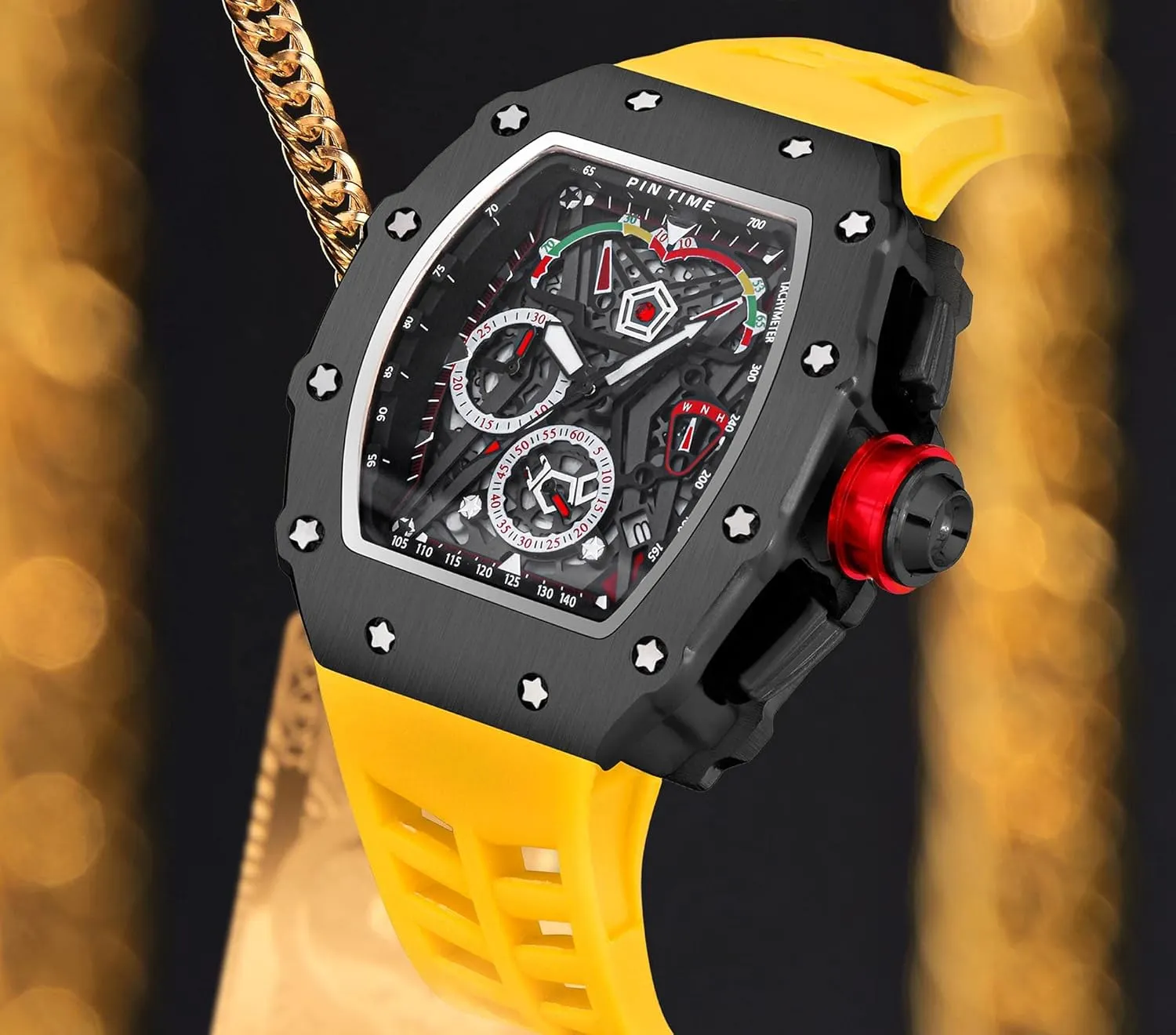 Quartz Business Men's Watches Silicon Strap Dress Watch mate script tenement wing scour (Black Case - Red Strap) Gosasa Unique Men Punk Wristwatch Hollow Big Dial Luminous Waterproof Sport Analog 