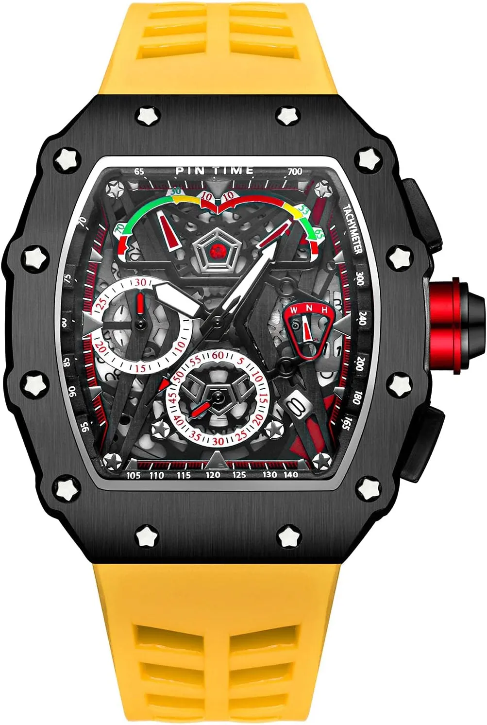 Quartz Business Men's Watches Silicon Strap Dress Watch mate script tenement wing scour (Black Case - Red Strap) Gosasa Unique Men Punk Wristwatch Hollow Big Dial Luminous Waterproof Sport Analog 