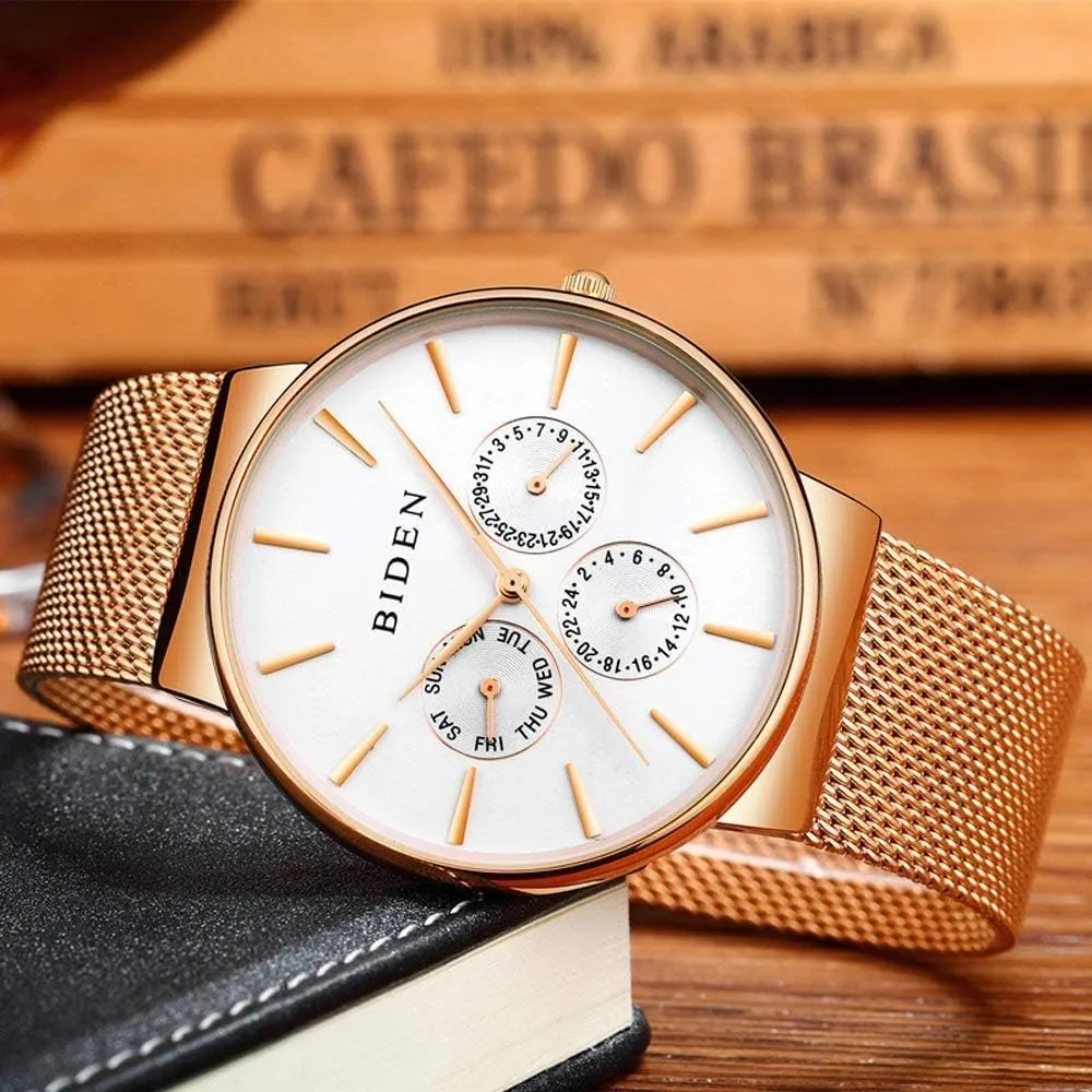 Quartz Watch Casual Gosasa Ultra Jules phase Thin Watches for Mens Stainless Steel Milanese Mesh Band Black OR White Dial 