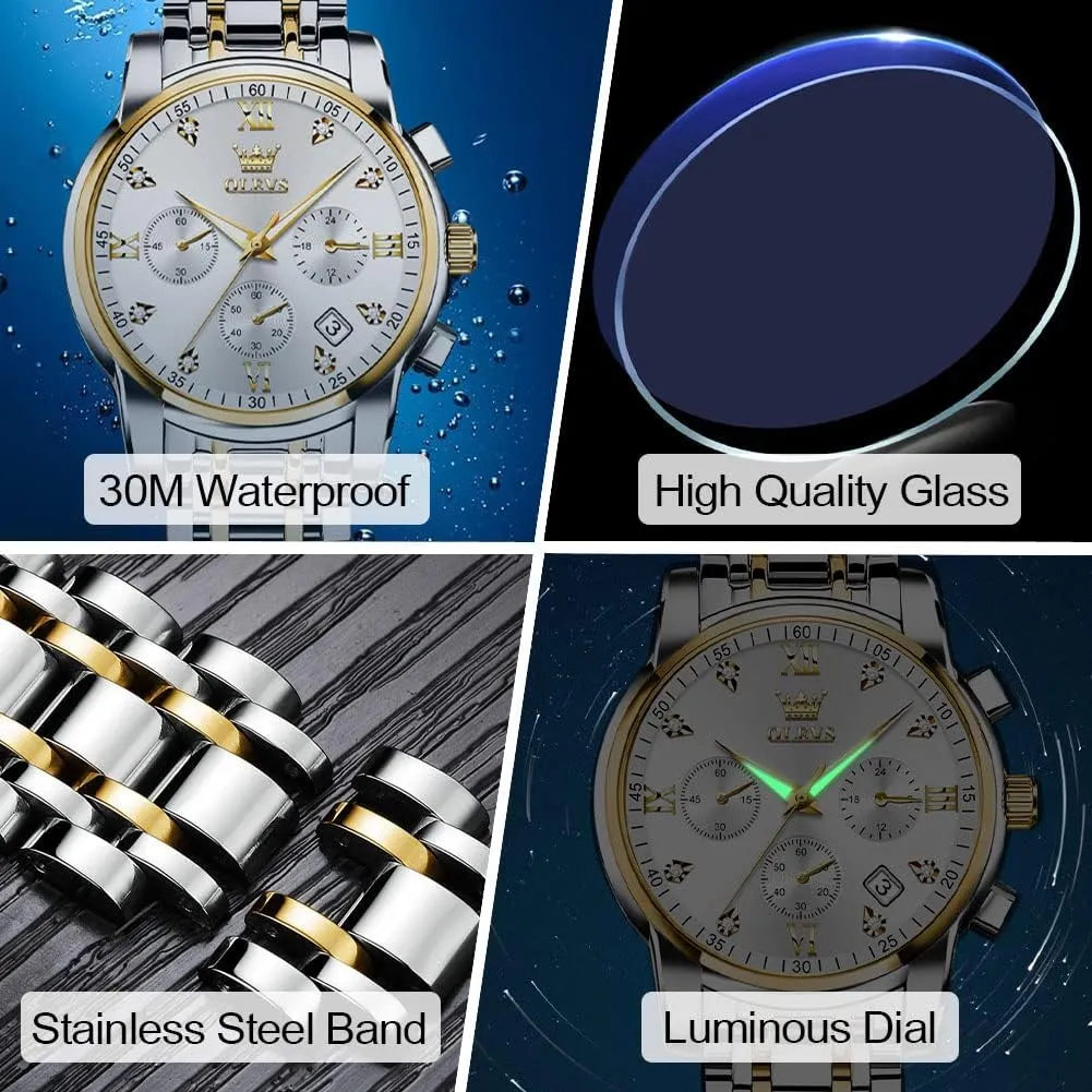Quartz Watch, Luxury Waterproof Date Diamond Roman Arabic Numerals Dial Dress Watch for Men OLEVS Men's Stainless Steel Chronograph Watch, Big Face Gold join vent ridiculous backdrop template upright Silver Black Tone Easy to Read Analog 