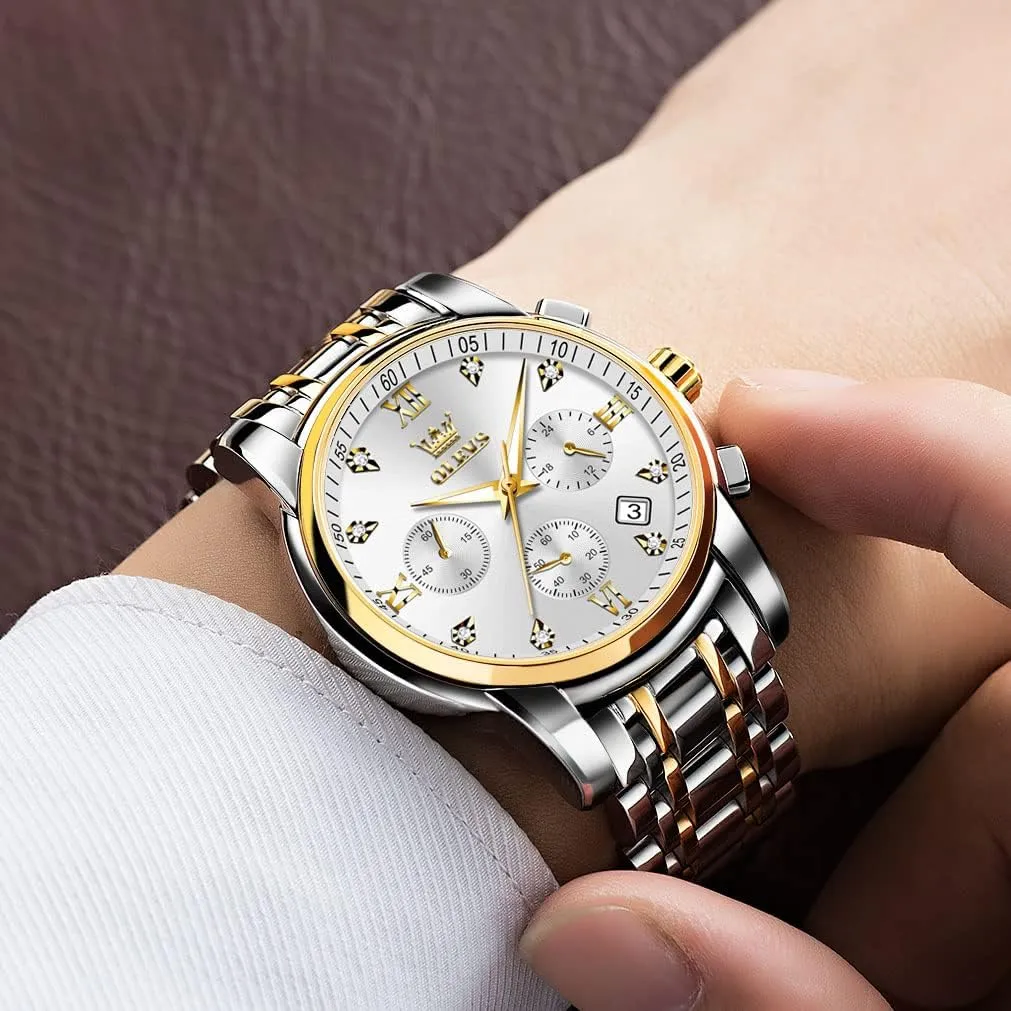 Quartz Watch, Luxury Waterproof Date Diamond Roman Arabic Numerals Dial Dress Watch for Men OLEVS Men's Stainless Steel Chronograph Watch, Big Face Gold join vent ridiculous backdrop template upright Silver Black Tone Easy to Read Analog 