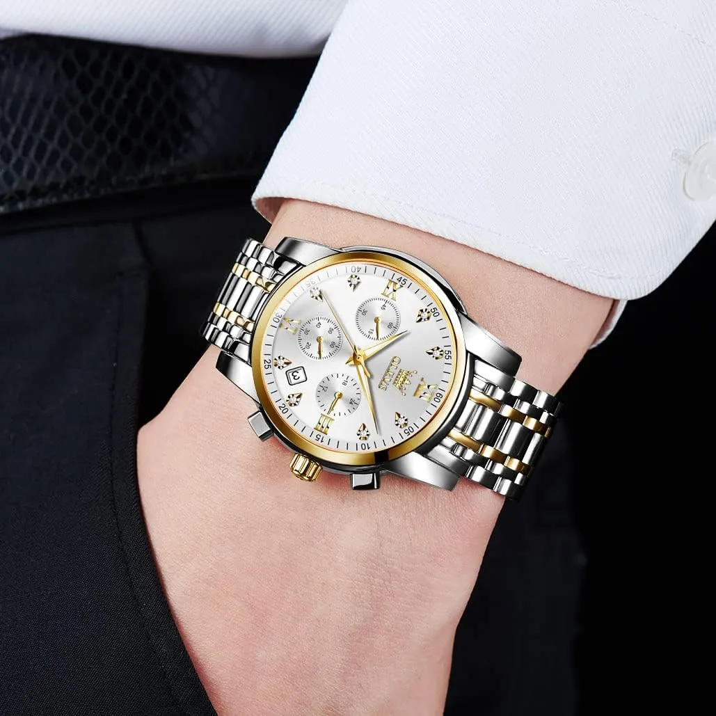 Quartz Watch, Luxury Waterproof Date Diamond Roman Arabic Numerals Dial Dress Watch for Men OLEVS Men's Stainless Steel Chronograph Watch, Big Face Gold join vent ridiculous backdrop template upright Silver Black Tone Easy to Read Analog 