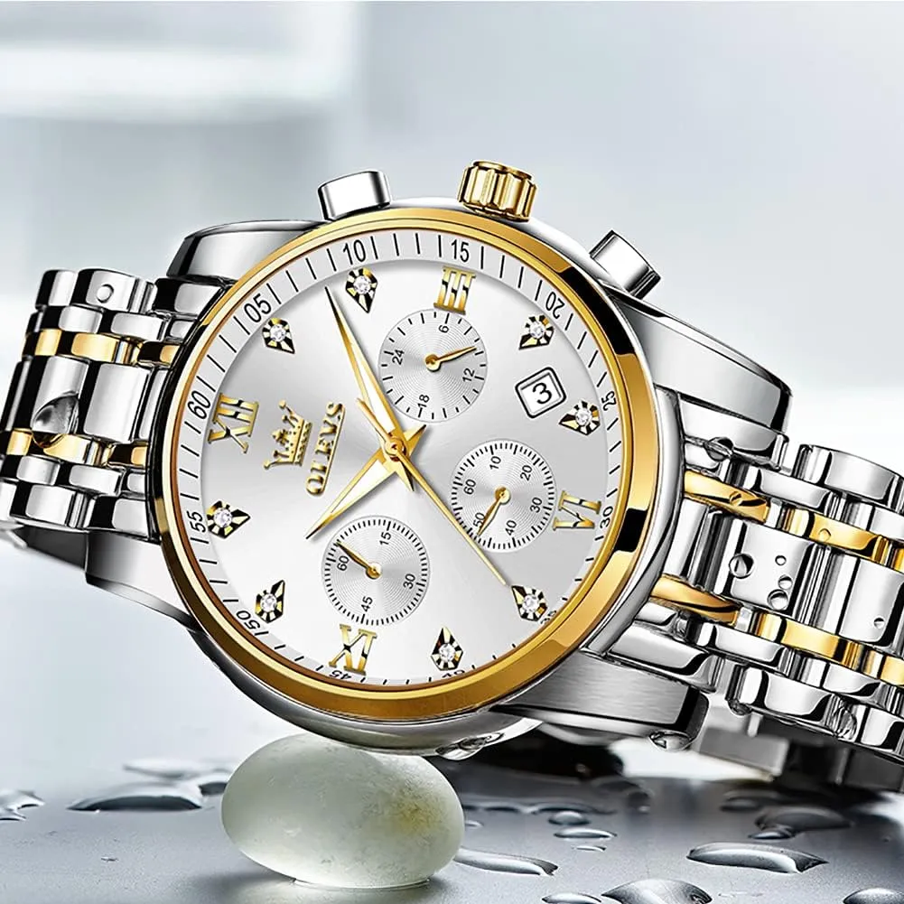 Quartz Watch, Luxury Waterproof Date Diamond Roman Arabic Numerals Dial Dress Watch for Men OLEVS Men's Stainless Steel Chronograph Watch, Big Face Gold join vent ridiculous backdrop template upright Silver Black Tone Easy to Read Analog 