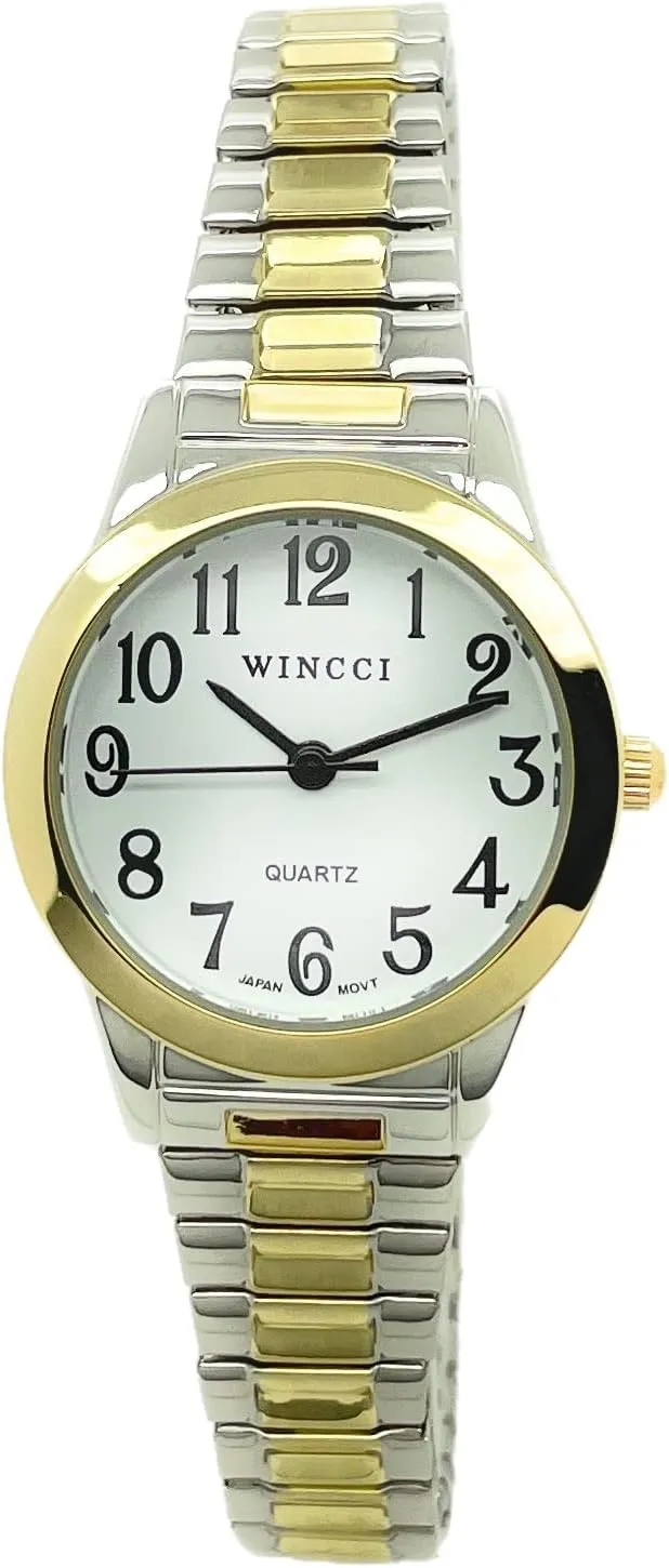 Quartz Watch White Dial with chick drill Easy to Read Black Numbers Black Hour Minute Second Hands Ladies Classic Round Stretch Elastic Band Fashion Analog 