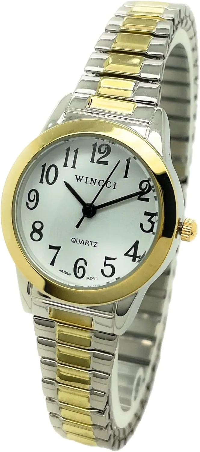Quartz Watch White Dial with chick drill Easy to Read Black Numbers Black Hour Minute Second Hands Ladies Classic Round Stretch Elastic Band Fashion Analog 