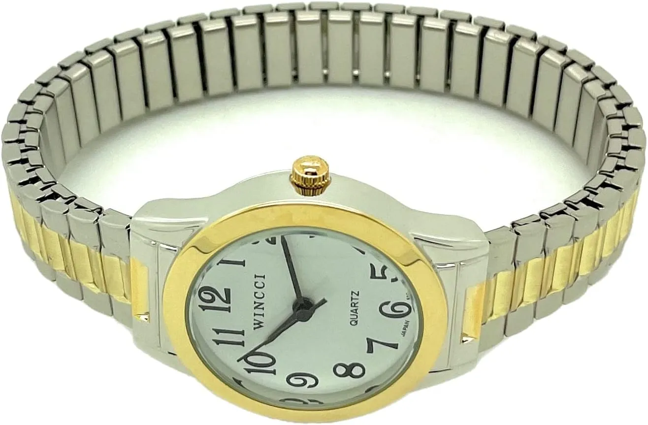 Quartz Watch White Dial with chick drill Easy to Read Black Numbers Black Hour Minute Second Hands Ladies Classic Round Stretch Elastic Band Fashion Analog 
