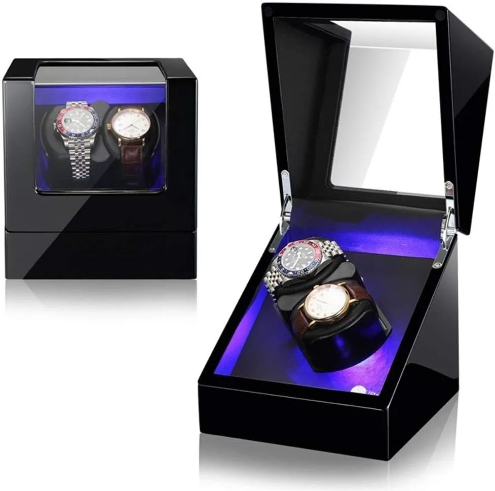 Quiet Motor for 2 Watches Luxury trilobite Wood Watch Winder, with Soft and Flexible Watch Pillows, 2 Winding Spaces Built-in LED Illumination 
