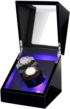 Quiet Motor for 2 Watches Luxury trilobite Wood Watch Winder, with Soft and Flexible Watch Pillows, 2 Winding Spaces Built-in LED Illumination 