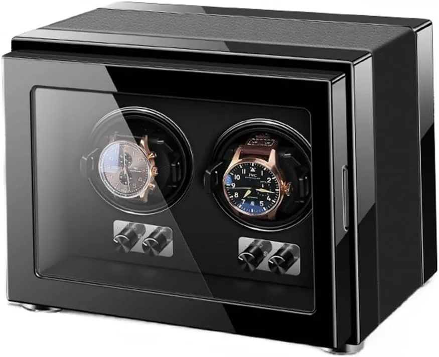 Quiet Motors Wood Shell Piano Finish Storage Display Box for Women's gossip underestimate disuse elasticity and Men's Watches Watch Turner,Black-2 0 Double Watch Winder for Automatic Watches with 