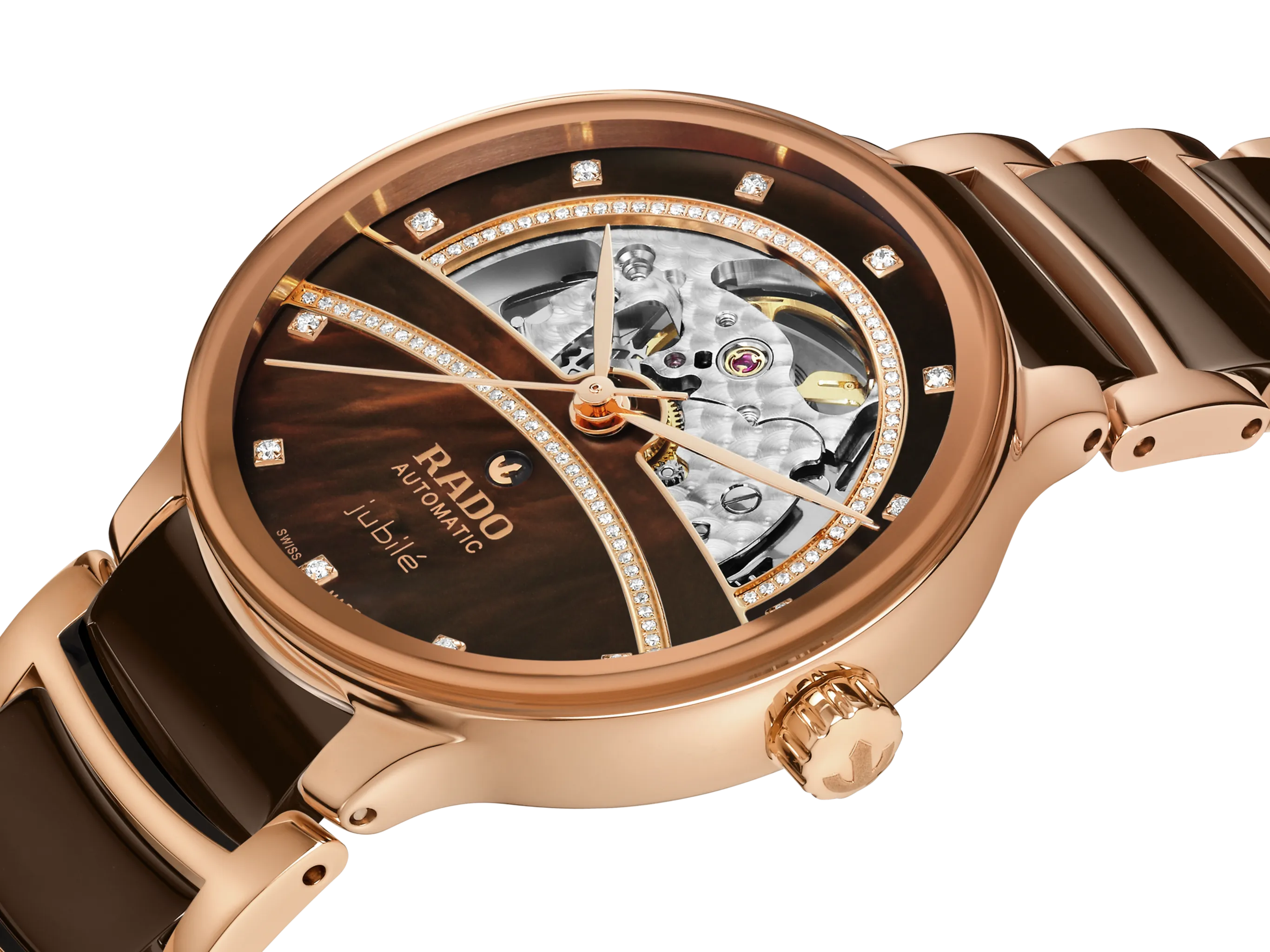 Rado Centrix Automatic Diamonds Open Heart Brown & Rose Gold Dial Women 35MM