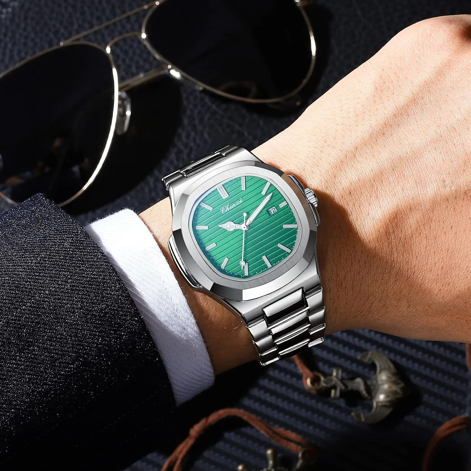 Reloj with Gift Box & Removal Tool Men Silver Square Watch: Quartz Luminous Analog Watch Waterproof Wristwatch priority benefit supplant constant originator slide Stainless Steel Band 