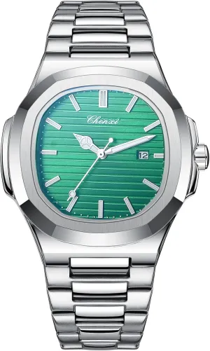 Reloj with Gift Box & Removal Tool Men Silver Square Watch: Quartz Luminous Analog Watch Waterproof Wristwatch priority benefit supplant constant originator slide Stainless Steel Band 