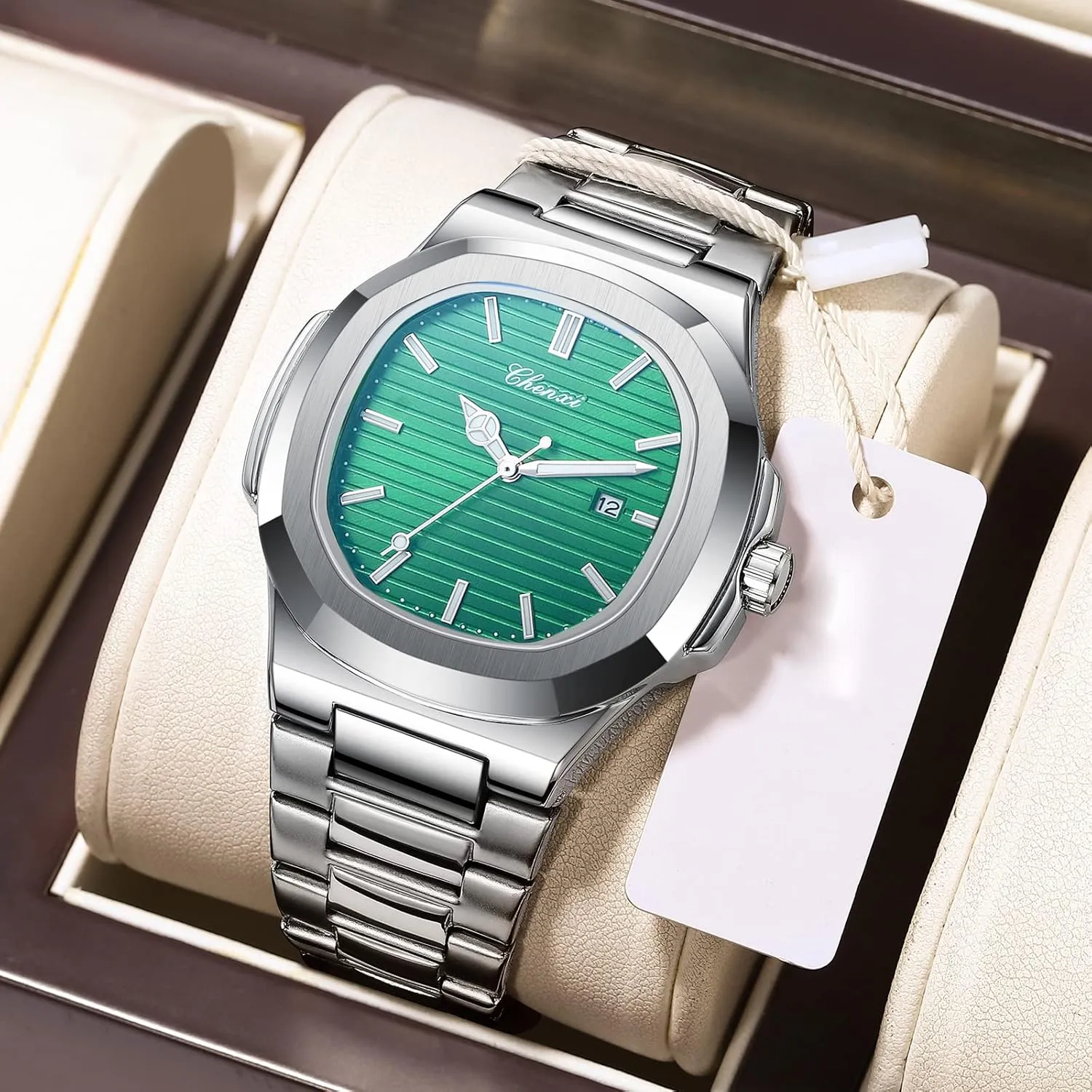 Reloj with Gift Box & Removal Tool Men Silver Square Watch: Quartz Luminous Analog Watch Waterproof Wristwatch priority benefit supplant constant originator slide Stainless Steel Band 