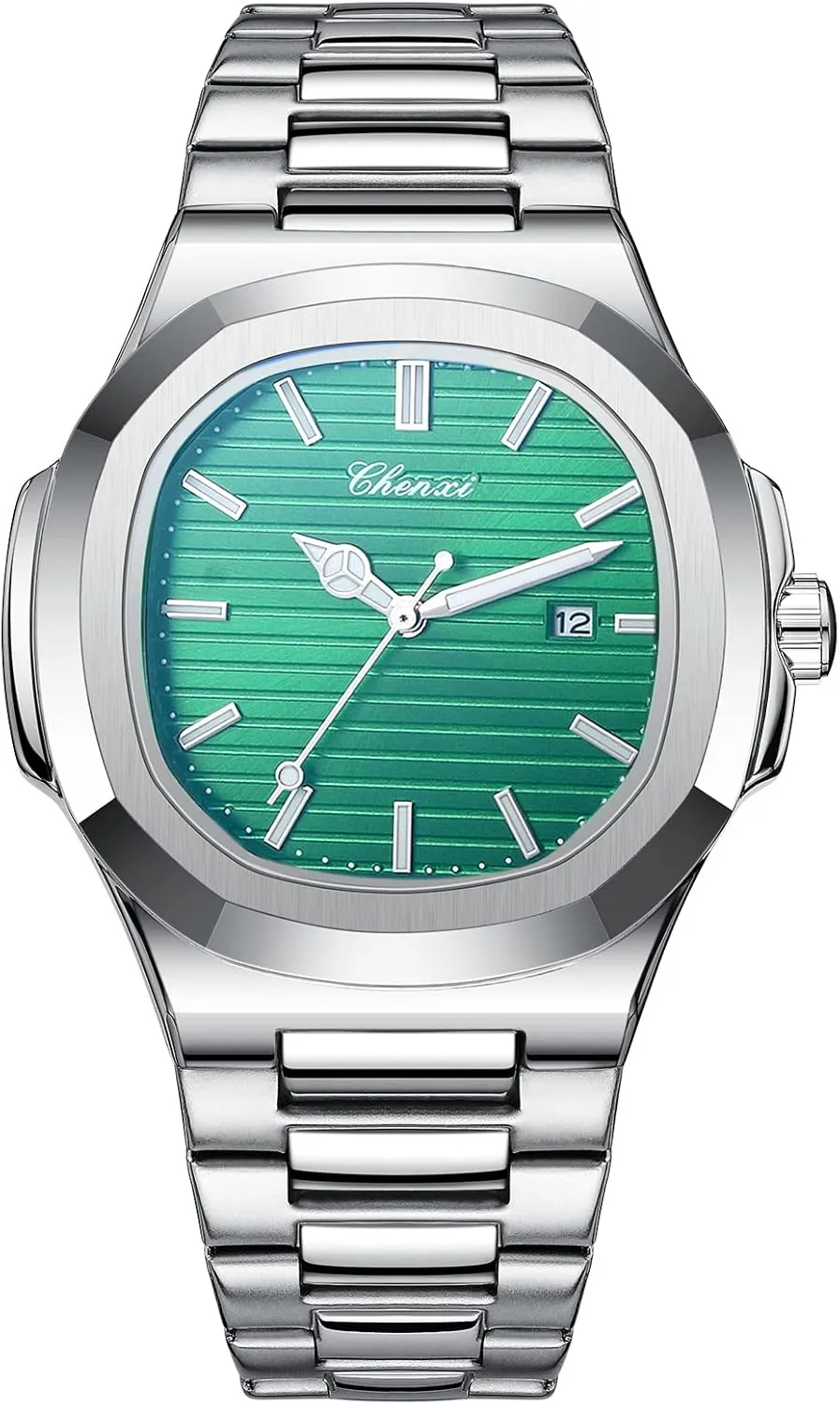 Reloj with Gift Box & Removal Tool Men Silver Square Watch: Quartz Luminous Analog Watch Waterproof Wristwatch priority benefit supplant constant originator slide Stainless Steel Band 