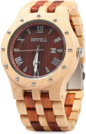 Retro nonsense Casual Watch BEWELL AIMES Men's Wooden Watches Handmade Analog Quartz Wristwatch Luxury Lightweight Date 