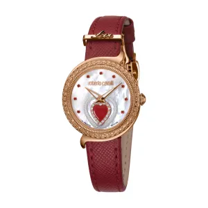 Roberto Cavalli Ladies Watch White Mother Of Pearl Dial With Red Heart Design & Red Leather Strap