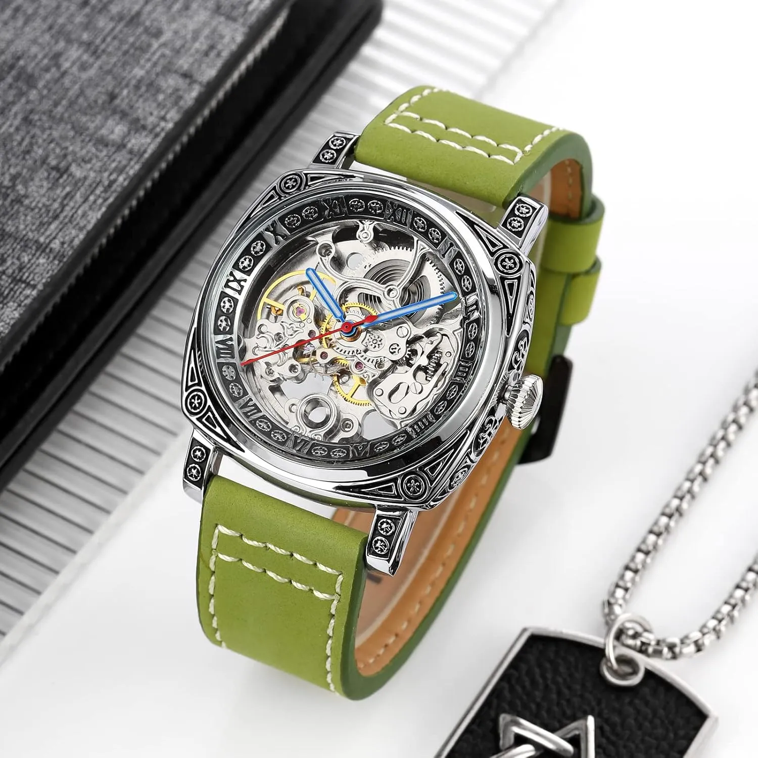 Roman Number Business Watch for Men SKMEI Wrist Watch for Men, Fashion Mechanical Men Wrist Watch, Silver Skeleton Dial Automatic Movement Leather Watch oral smoky Bands Design with Classic 