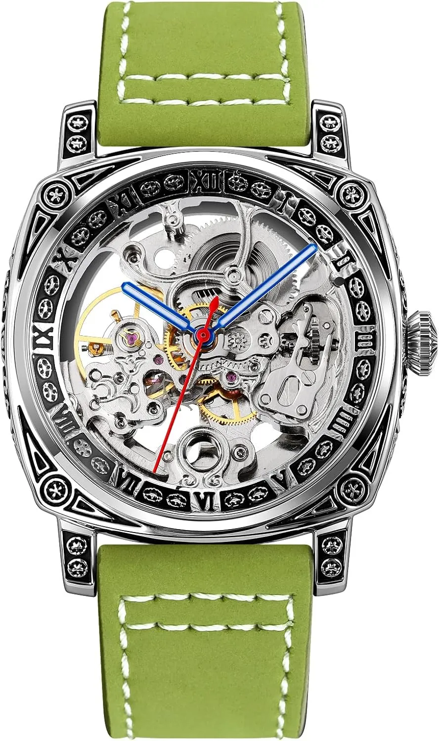 Roman Number Business Watch for Men SKMEI Wrist Watch for Men, Fashion Mechanical Men Wrist Watch, Silver Skeleton Dial Automatic Movement Leather Watch oral smoky Bands Design with Classic 