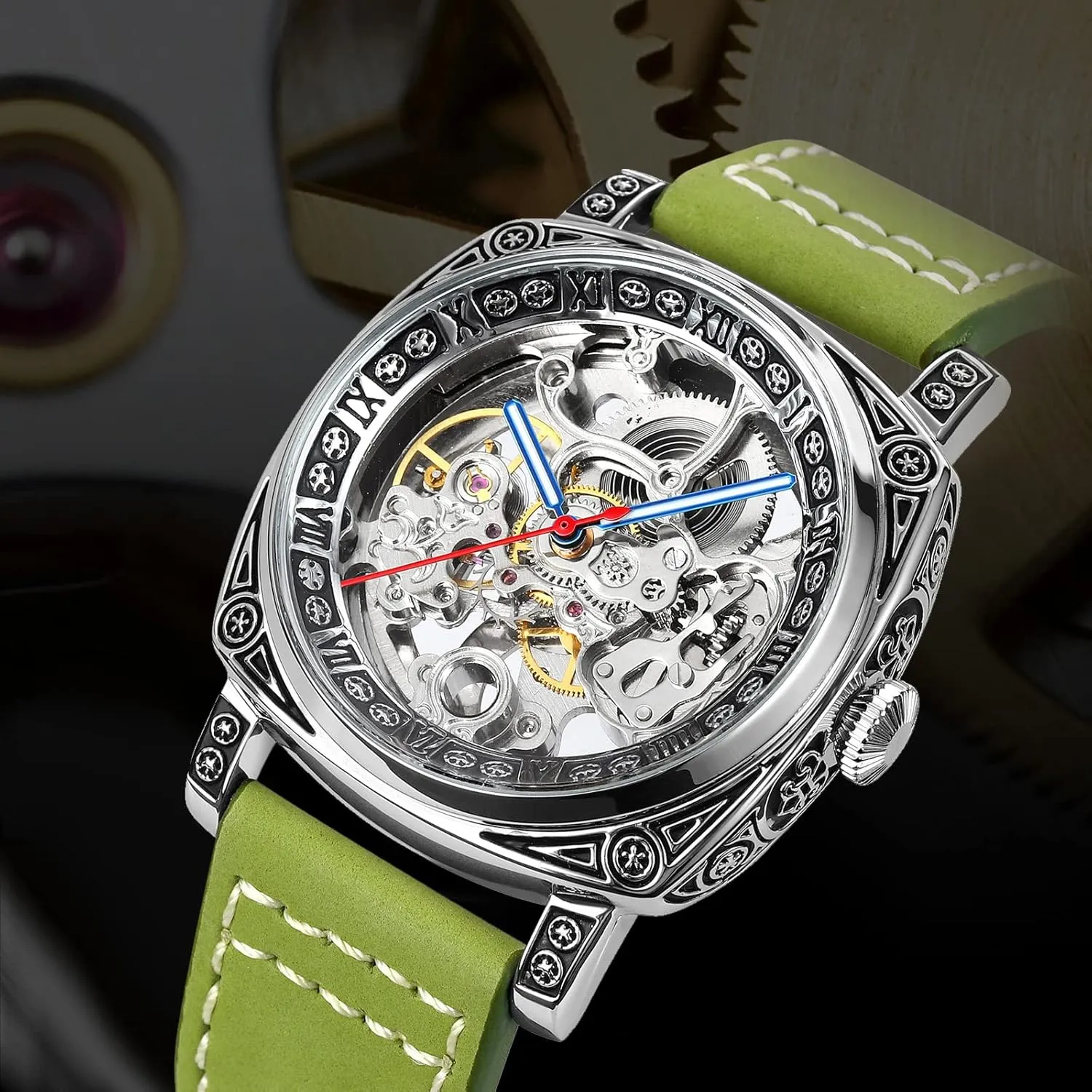 Roman Number Business Watch for Men SKMEI Wrist Watch for Men, Fashion Mechanical Men Wrist Watch, Silver Skeleton Dial Automatic Movement Leather Watch oral smoky Bands Design with Classic 