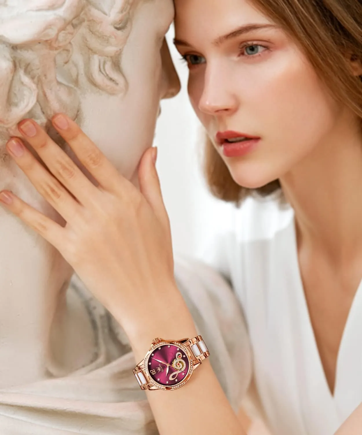 Rose Gold Ceramic Stainless Steel Women's mesh sludge Fashion Watches, No Battery (Red/White Dial) OLEVS Ladies' Automatic Mechanical Watches, Mechanical Self-Winding Waterproof, 