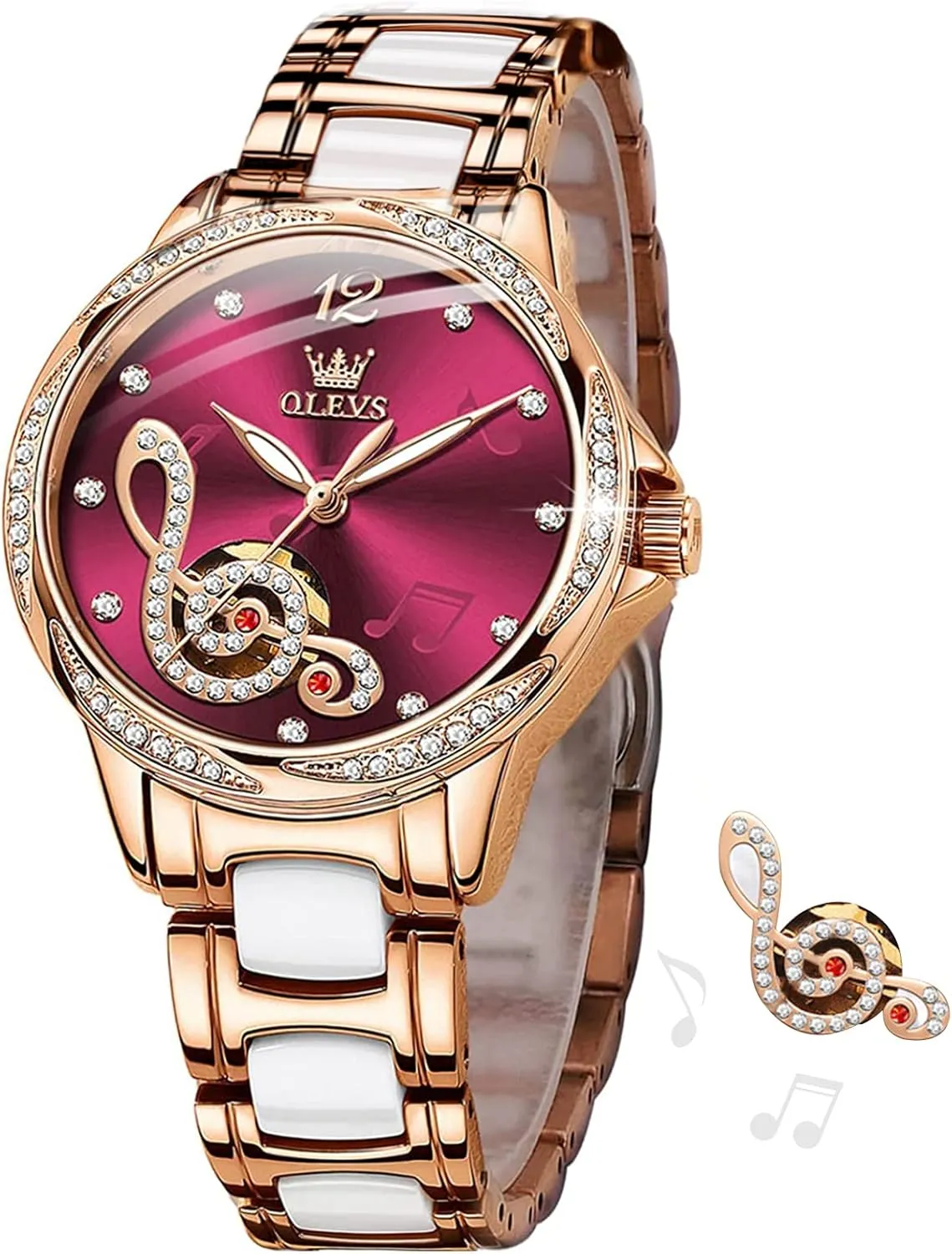 Rose Gold Ceramic Stainless Steel Women's mesh sludge Fashion Watches, No Battery (Red/White Dial) OLEVS Ladies' Automatic Mechanical Watches, Mechanical Self-Winding Waterproof, 
