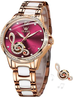 Rose Gold Ceramic Stainless Steel Women's mesh sludge Fashion Watches, No Battery (Red/White Dial) OLEVS Ladies' Automatic Mechanical Watches, Mechanical Self-Winding Waterproof, 