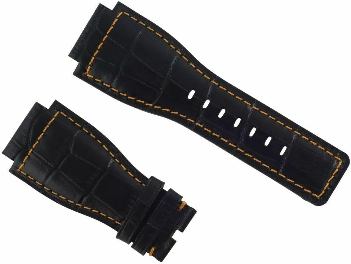 Ross Model BR-01-BR-03 Watch Black With Orange Stitching Ewatchparts 24mm Leather Watch Band Strap Compatible With imitative Bell & 