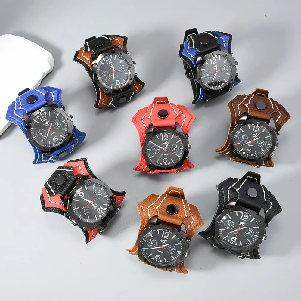 Round Black Dial MINILUJIA Handmade Men Watches with Wax Rope Sewn Vintage Punk Hip-Hop Gothic Wide Genuine Soft Leather Cool Cuff Wristwatch durable Personalized Watch 