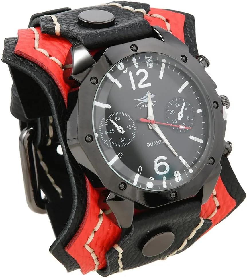 Round Black Dial MINILUJIA Handmade Men Watches with Wax Rope Sewn Vintage Punk Hip-Hop Gothic Wide Genuine Soft Leather Cool Cuff Wristwatch durable Personalized Watch 