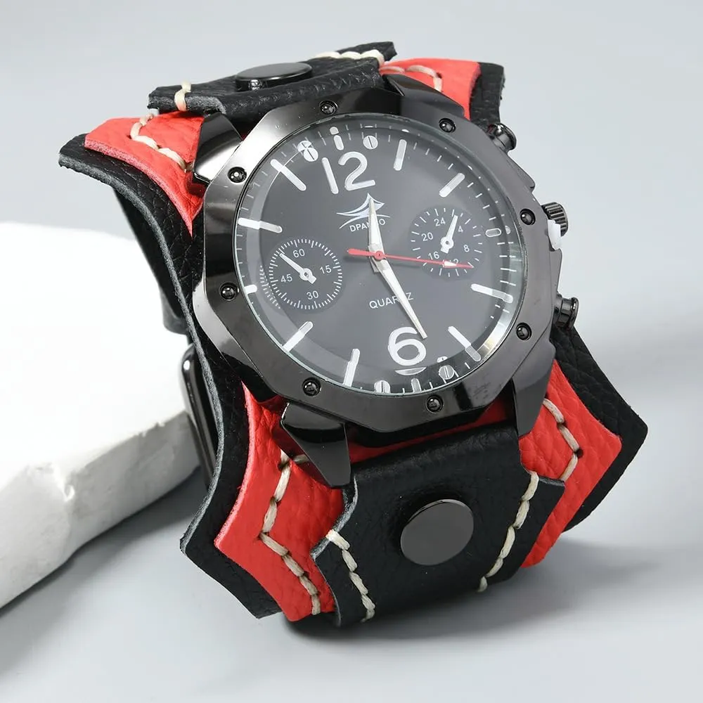 Round Black Dial MINILUJIA Handmade Men Watches with Wax Rope Sewn Vintage Punk Hip-Hop Gothic Wide Genuine Soft Leather Cool Cuff Wristwatch durable Personalized Watch 