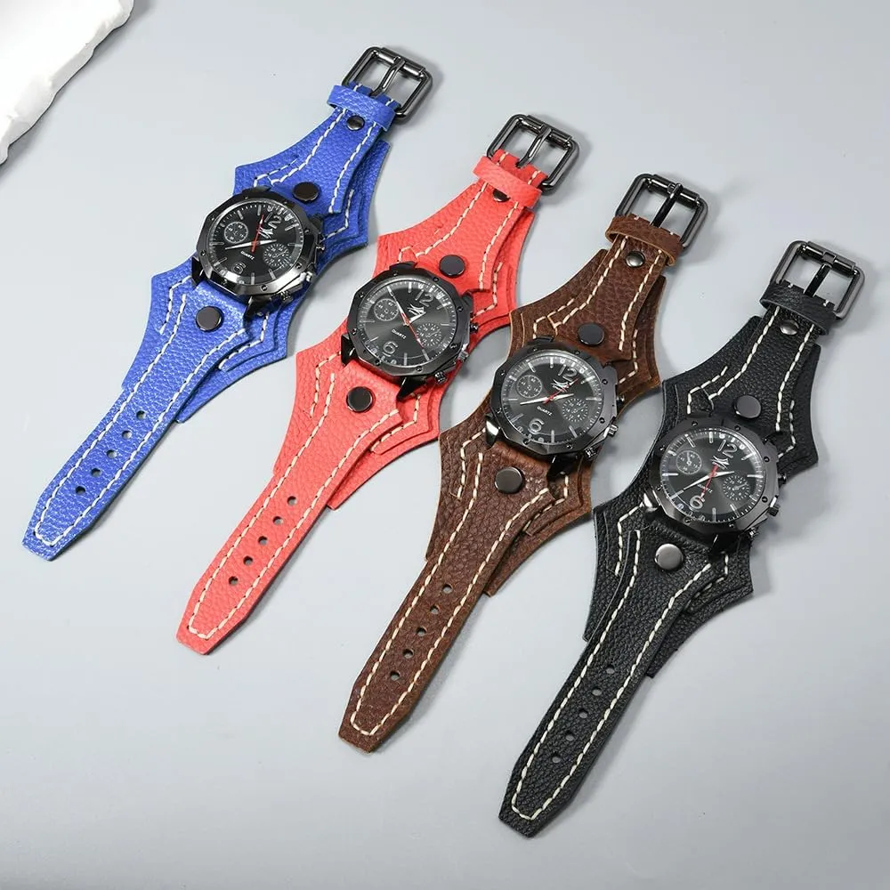 Round Black Dial MINILUJIA Handmade Men Watches with Wax Rope Sewn Vintage Punk Hip-Hop Gothic Wide Genuine Soft Leather Cool Cuff Wristwatch durable Personalized Watch 