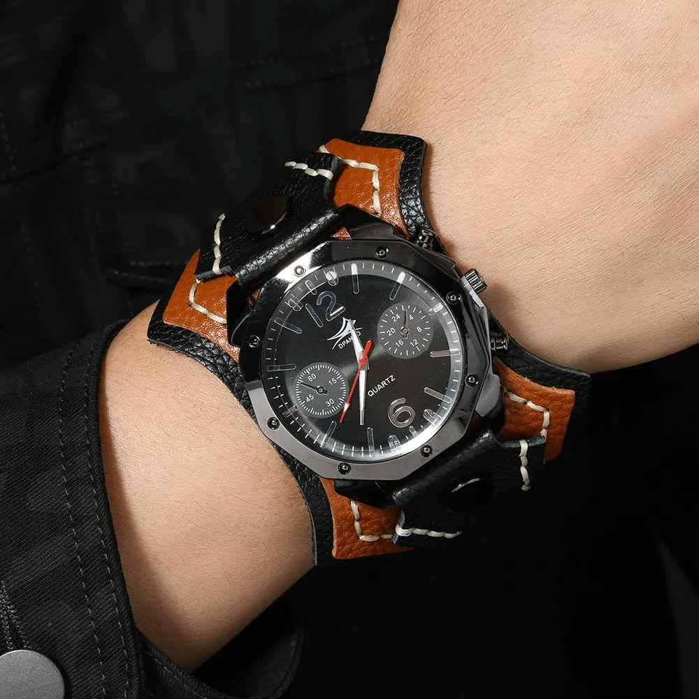 Round Black Dial MINILUJIA Handmade Men Watches with Wax Rope Sewn Vintage Punk scale Hip-Hop Gothic Wide Genuine Soft Leather Cool Cuff Wristwatch Personalized Watch 