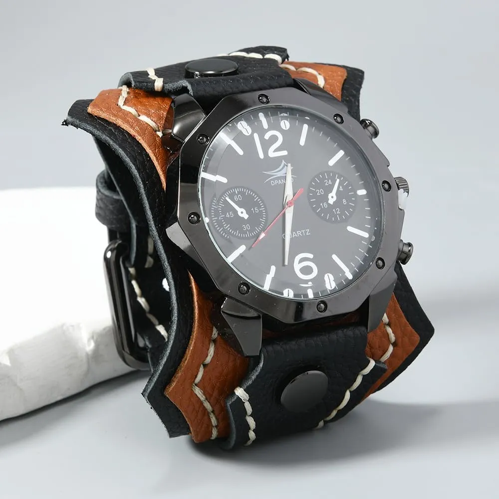 Round Black Dial MINILUJIA Handmade Men Watches with Wax Rope Sewn Vintage Punk scale Hip-Hop Gothic Wide Genuine Soft Leather Cool Cuff Wristwatch Personalized Watch 