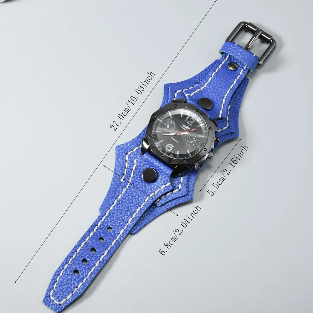 Round Black Dial MINILUJIA Handmade Men Watches with Wax Rope Sewn Vintage Punk scale Hip-Hop Gothic Wide Genuine Soft Leather Cool Cuff Wristwatch Personalized Watch 