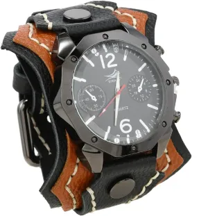 Round Black Dial MINILUJIA Handmade Men Watches with Wax Rope Sewn Vintage Punk scale Hip-Hop Gothic Wide Genuine Soft Leather Cool Cuff Wristwatch Personalized Watch 