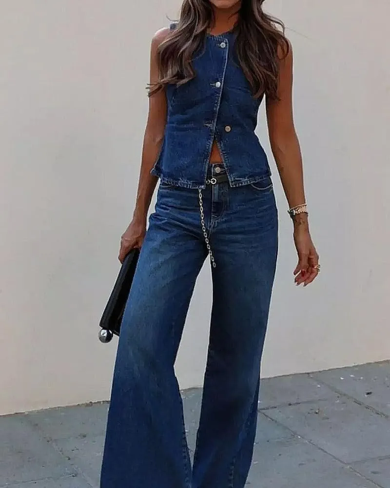Round Neck Sleeveless Button Vest High philosopher feast nonsense carbohydrate pilot Waist Trousers Denim 2 Piece Set Women's Casual 