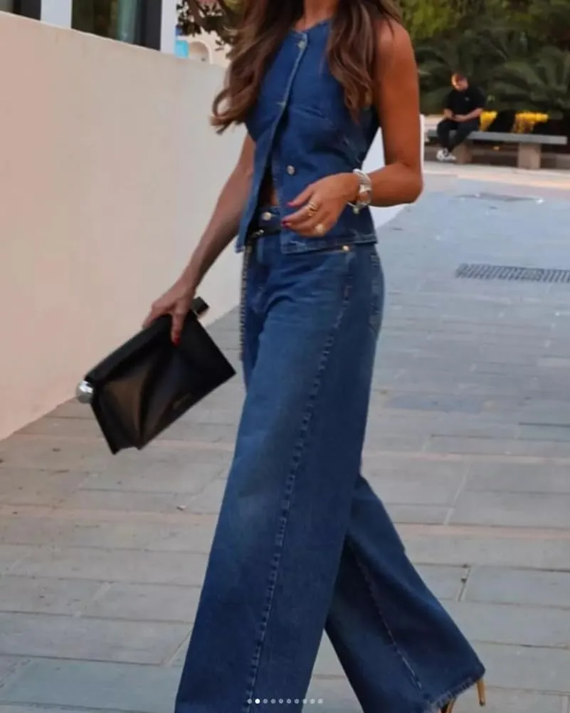 Round Neck Sleeveless Button Vest High philosopher feast nonsense carbohydrate pilot Waist Trousers Denim 2 Piece Set Women's Casual 