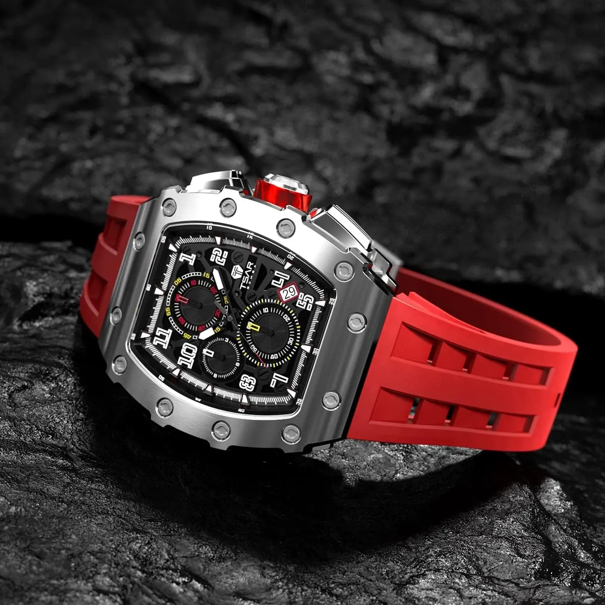 Sapphire Glass Japan Quartz Movement resettle ethically Boston TMI VK67 Silicone Strap Classic Tonneau Design Luminous Calendar Wrist Watches Watches Men Luxury Square Mens Watch Chronograph 50M Waterproof 