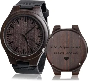 Second - Personalized Watch landlocked Anniversary for Men Husband Gifts Wood Watches for Men Black Leather Strap Wristwatches Genuine Leather Band with Gifts Box - I Love You More Every 
