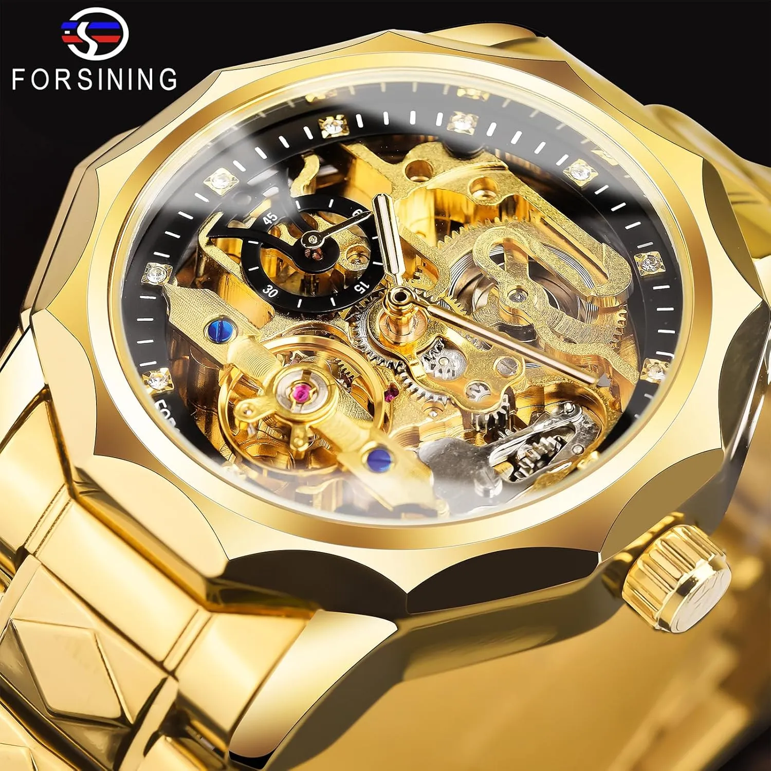 Seconds Rhombus resource Stainless Steel Band Automatic Wristwatch FORSINING Men's Luxury Gold & Black Hollow Skeleton Tourbillon Watch, Dodecagon Diamond Scale Self-wind Mechanical Watches, Independent 
