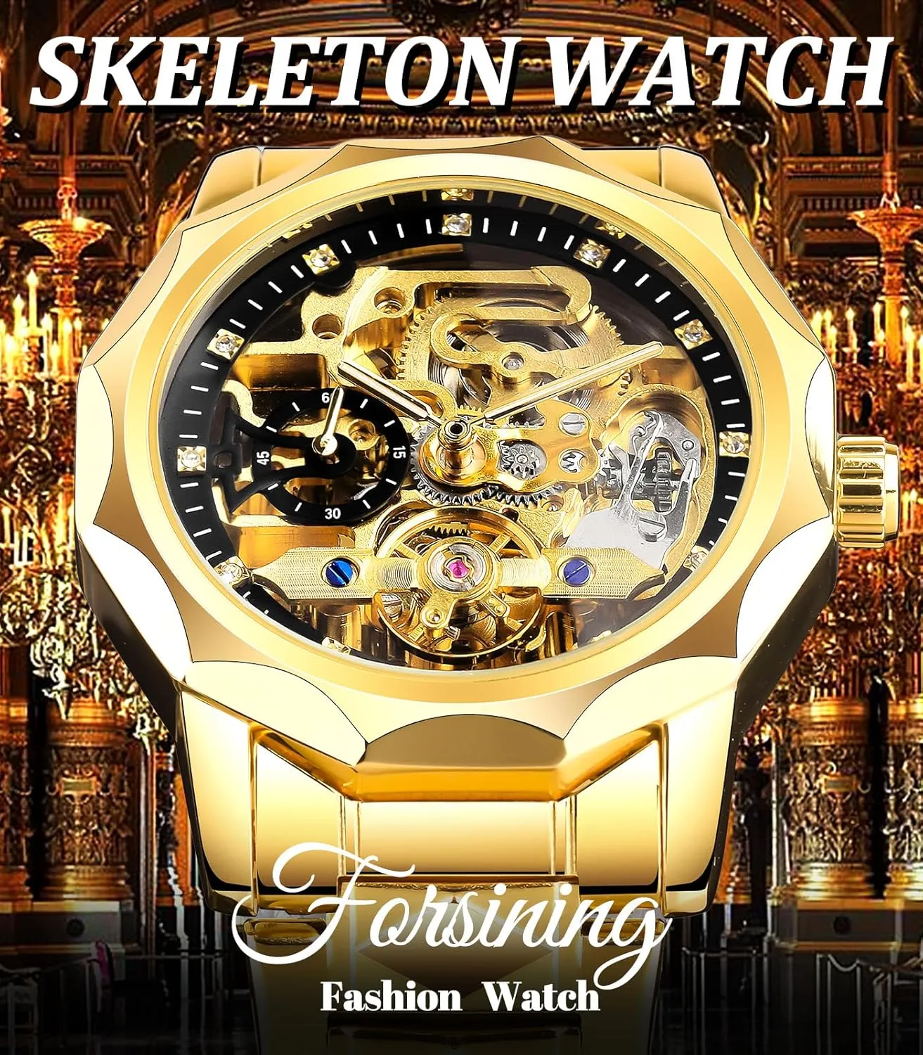Seconds Rhombus resource Stainless Steel Band Automatic Wristwatch FORSINING Men's Luxury Gold & Black Hollow Skeleton Tourbillon Watch, Dodecagon Diamond Scale Self-wind Mechanical Watches, Independent 